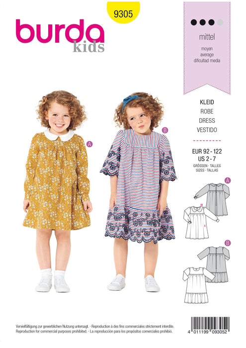 Burda Pattern 9305 Girl's Dress with Yoke – Peter Pan Collar – Hem Frill from Jaycotts Sewing Supplies