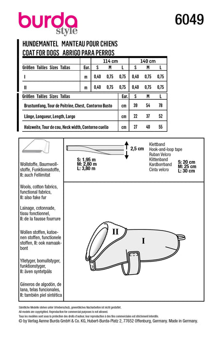 Burda Sewing Pattern 6049 Dog Coat from Jaycotts Sewing Supplies