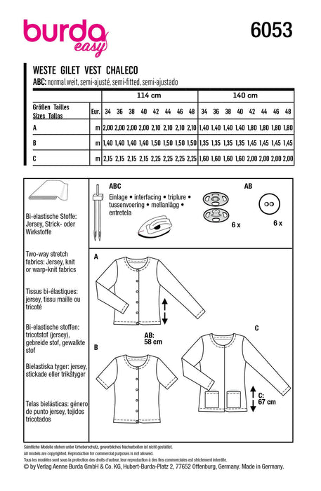 Burda Sewing Pattern 6053 Cardigan with Rounded Neckline from Jaycotts Sewing Supplies