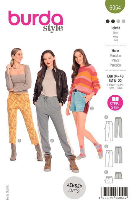 Burda Sewing Pattern 6054 Jogging Pants in Three Lengths from Jaycotts Sewing Supplies