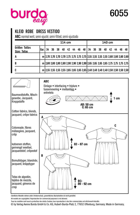 Burda Sewing Pattern 6055 Dress with Gathered Skirt from Jaycotts Sewing Supplies