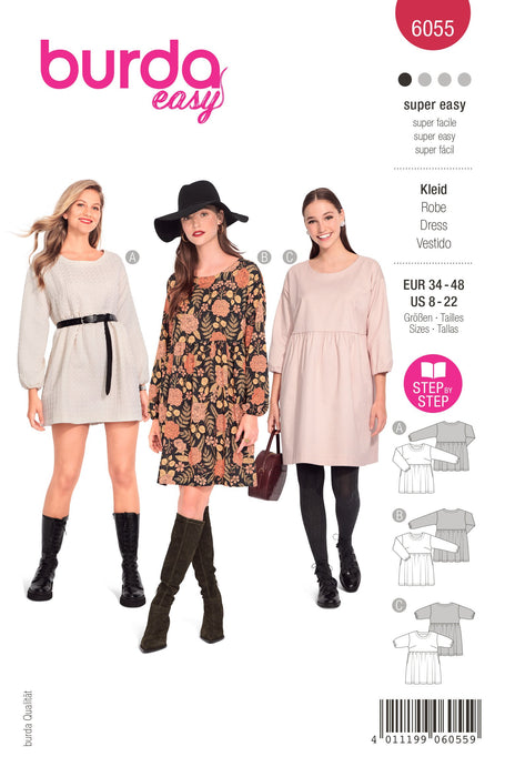 Burda Sewing Pattern 6055 Dress with Gathered Skirt from Jaycotts Sewing Supplies