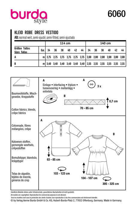 Burda Sewing Pattern 6060 Tunic Top and Dresses from Jaycotts Sewing Supplies