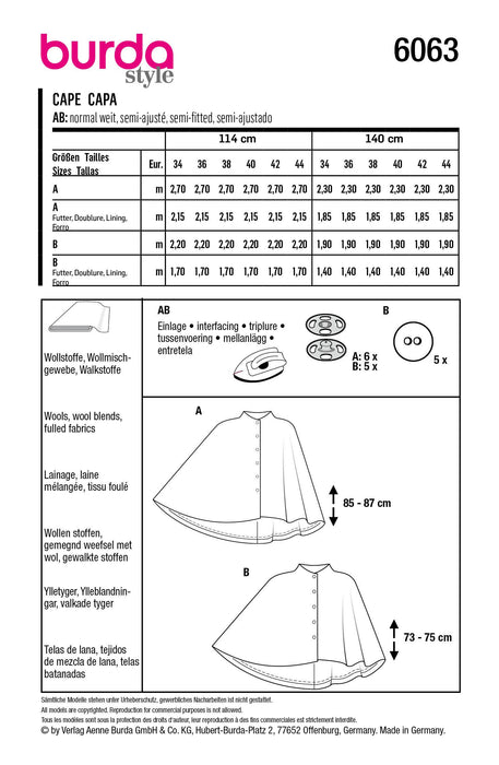 Burda Sewing Pattern 6063 Cape from Jaycotts Sewing Supplies