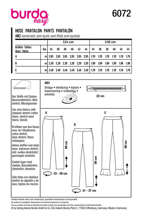 Burda Sewing Pattern 6072 Narrow Cut Trousers and Pants from Jaycotts Sewing Supplies
