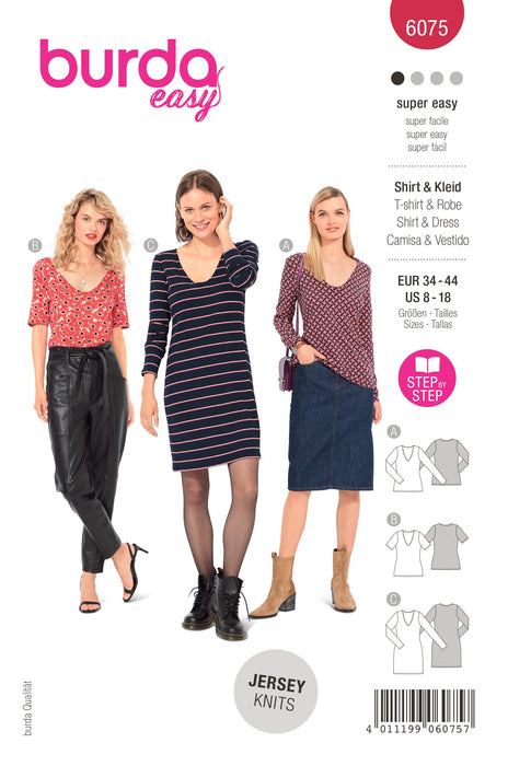 Burda Sewing Pattern 6075 Top, Dress – Slim Shape from Jaycotts Sewing Supplies