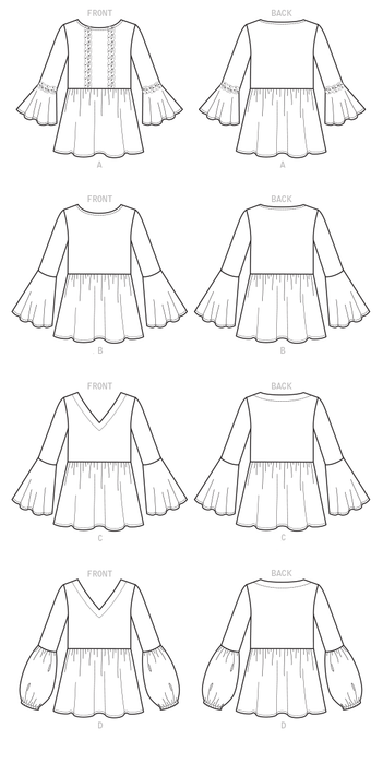 B6486 Gathered Waist Pullover Tops with Bell Sleeves from Jaycotts Sewing Supplies
