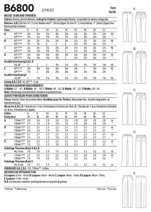 Butterick 6800 Misses' Four-Pocket Jeans and Trousers sewing pattern from Jaycotts Sewing Supplies