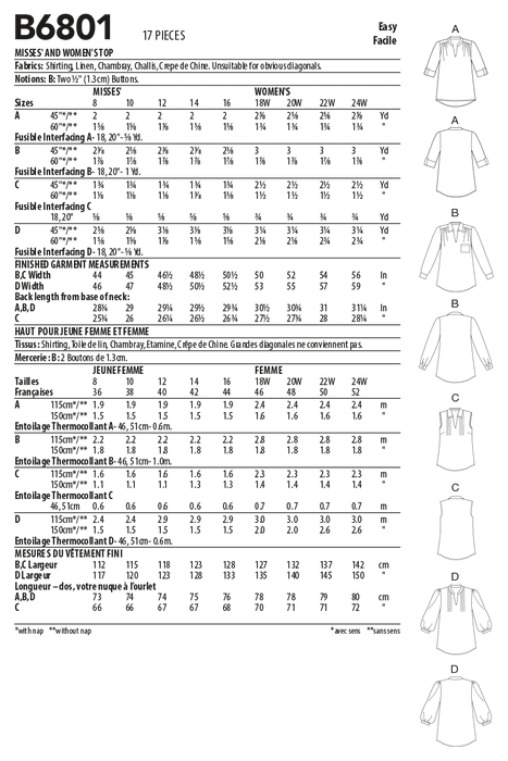 Butterick 6801 Misses' and Women's Tops pattern from Jaycotts Sewing Supplies