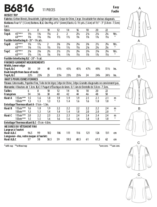 Butterick 6816 Misses Tops pattern from Jaycotts Sewing Supplies