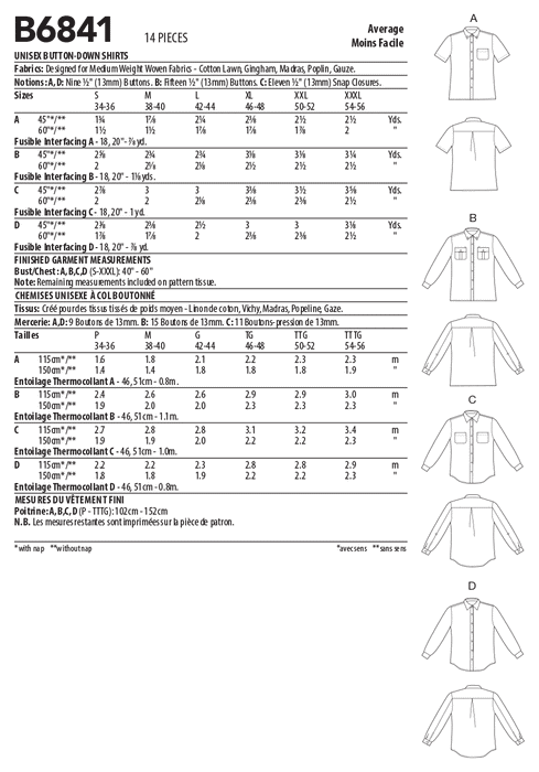 Butterick sewing pattern 6841 Unisex Button-Down Shirts from Jaycotts Sewing Supplies