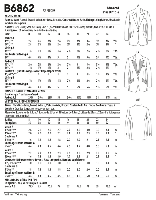 Butterick sewing pattern 6862 Misses' Jacket from Jaycotts Sewing Supplies
