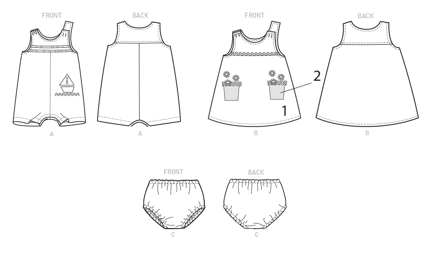 Butterick sewing pattern 6905 Baby Overalls, Dress and Panties from Jaycotts Sewing Supplies