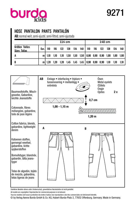 Burda Sewing Pattern 9271 Boys / Girls Slip-on Trousers from Jaycotts Sewing Supplies