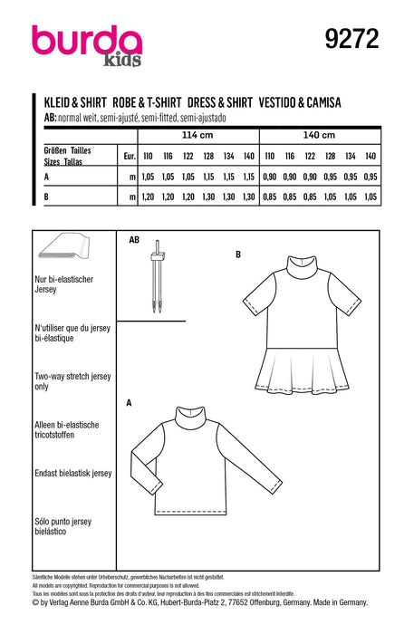 Burda Sewing Pattern 9272 Children's Top, Dress from Jaycotts Sewing Supplies