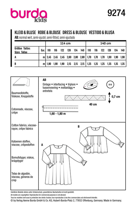 Burda Sewing Pattern 9274 Children's Dress, Blouse from Jaycotts Sewing Supplies