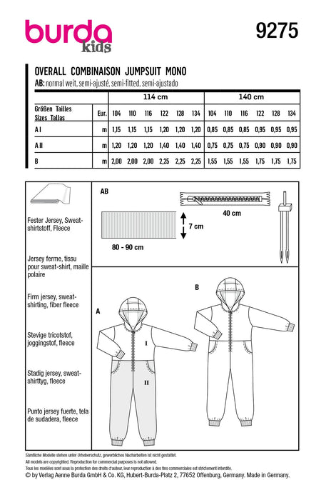Burda Sewing Pattern 9275 Children's Hooded Jumpsuit and Onesie from Jaycotts Sewing Supplies