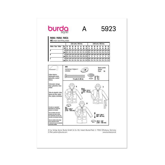 Burda Style Sewing Pattern 5923 Misses' Parka from Jaycotts Sewing Supplies