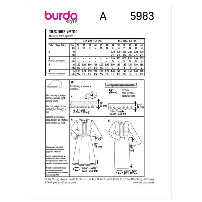 Burda Sewing Pattern 5983 Misses' Dress with Wide or Narrow Skirt from Jaycotts Sewing Supplies