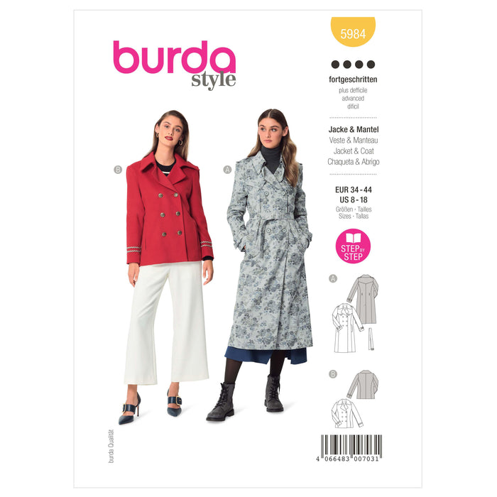 Burda Sewing Pattern 5984 Misses' Caban Jacket and Trench Coat from Jaycotts Sewing Supplies