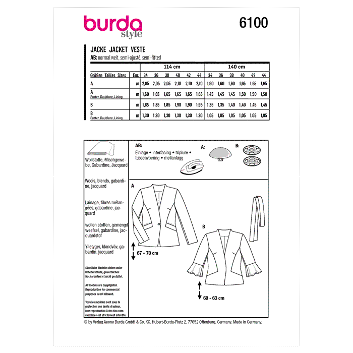 Burda Sewing Pattern 6100 Jacket from Jaycotts Sewing Supplies
