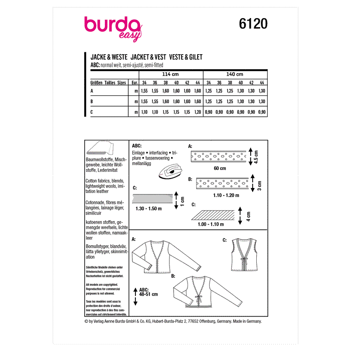 Burda Sewing Pattern 6120 Jacket and Vest from Jaycotts Sewing Supplies