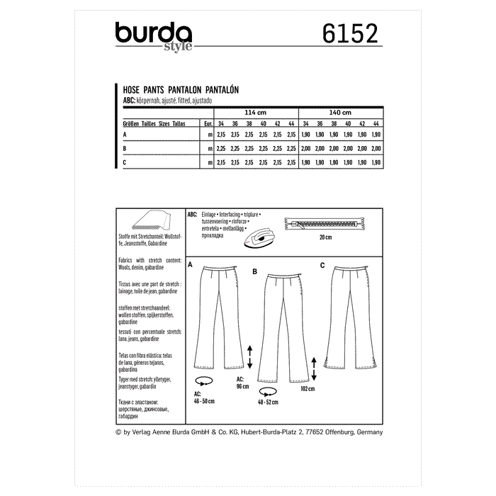 Burda Sewing Pattern 6152 Flared trousers or pants from Jaycotts Sewing Supplies