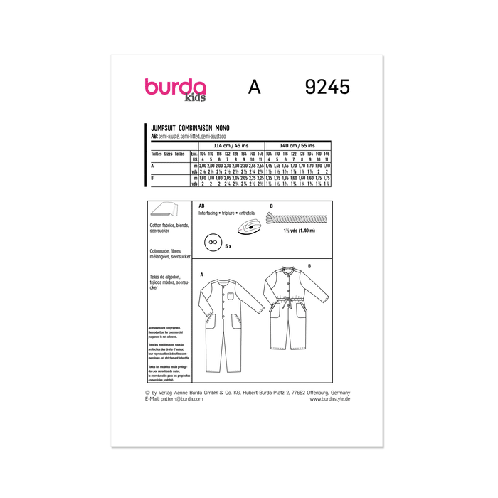 Burda Style Sewing Pattern 9245 Children's Jumpsuit from Jaycotts Sewing Supplies