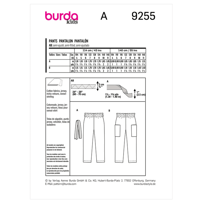 Burda Sewing Pattern 9255 Children's Jogging Pants from Jaycotts Sewing Supplies