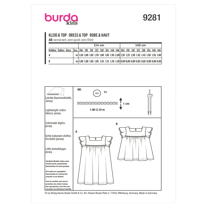 Burda Sewing Pattern 9281 Children's Top and Dress from Jaycotts Sewing Supplies