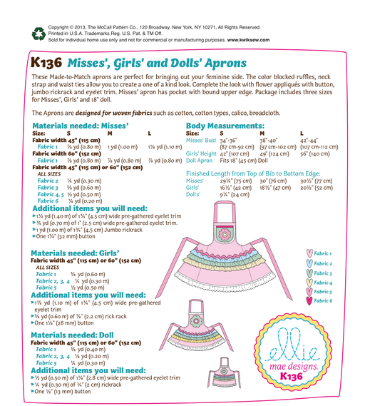 Kwik Sew 0136 Misses'/Girls'/Dolls' Aprons from Jaycotts Sewing Supplies