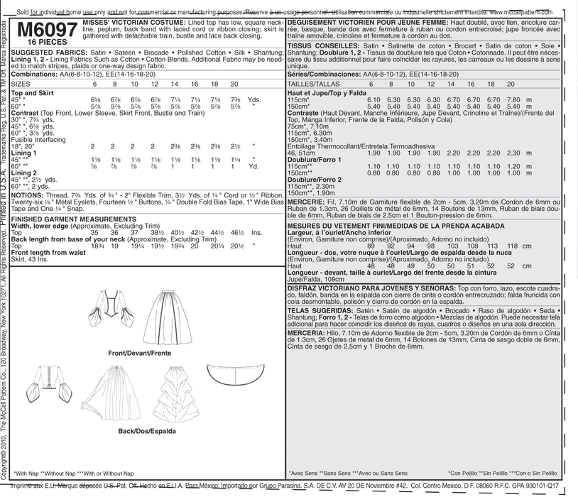 McCall's 6097 Misses' Victorian Costume Pattern from Jaycotts Sewing Supplies