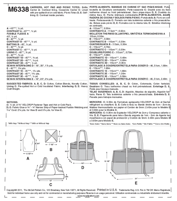 McCall's 6338 Carriers, Hot Pad and Picnic Totes Pattern | by Nancy Zieman from Jaycotts Sewing Supplies