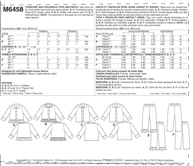 McCall's 6458 Kid's Pyjama Tops and Pants Pattern from Jaycotts Sewing Supplies