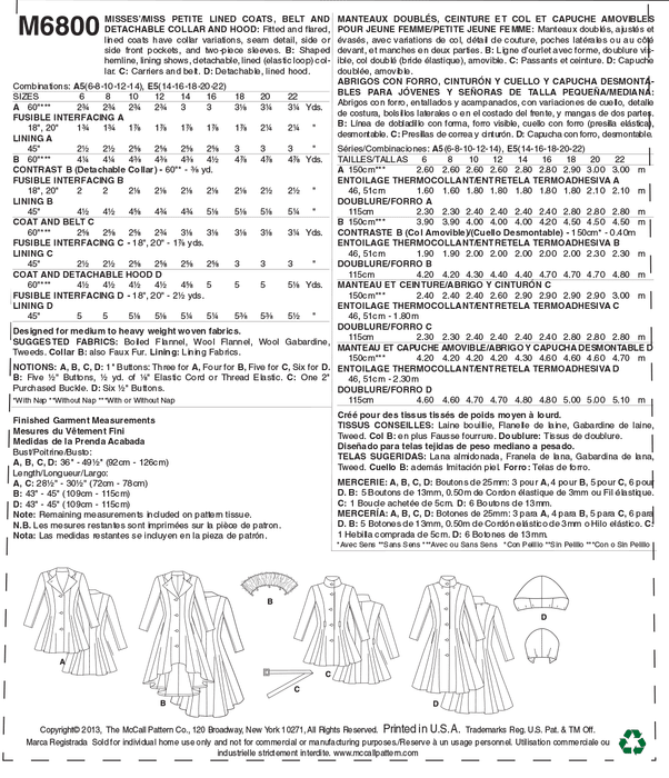 McCall's 6800 Misses'/Miss Petite Lined Coats, Belt + Detachable Collar and Hood Pattern from Jaycotts Sewing Supplies