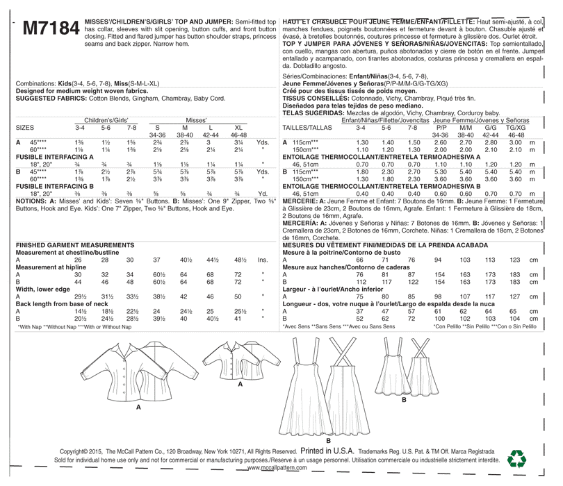 M7184 Misses'/Children's/Girls' Top and Jumper from Jaycotts Sewing Supplies