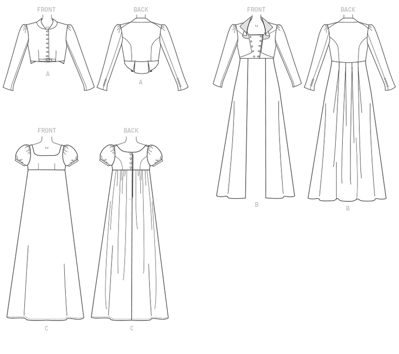 M7493 Cropped Jacket, Floor-Length Coat and A-Line, Square-Neck Dress from Jaycotts Sewing Supplies