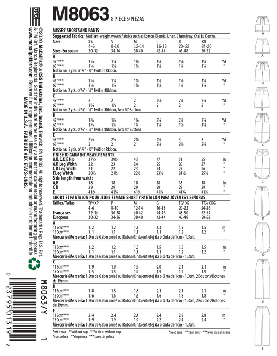 McCall's pattern 8063 Drawstring Shorts and Pants with Pockets from Jaycotts Sewing Supplies