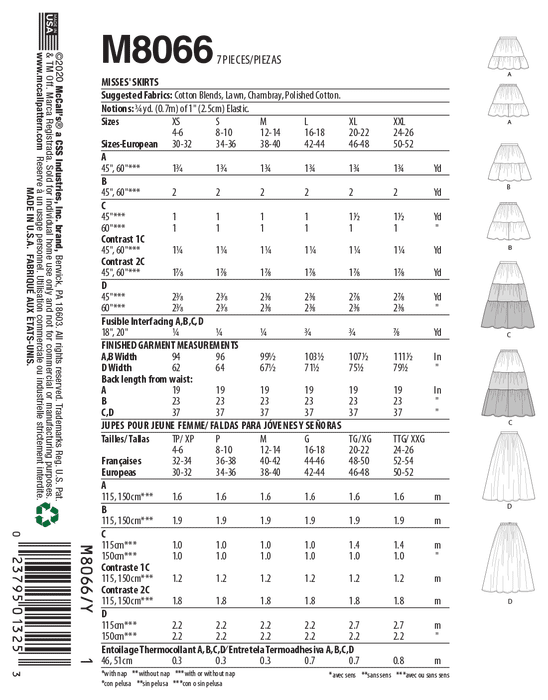 McCall's pattern 8066 Pull-On Gathered Skirts with Variations from Jaycotts Sewing Supplies