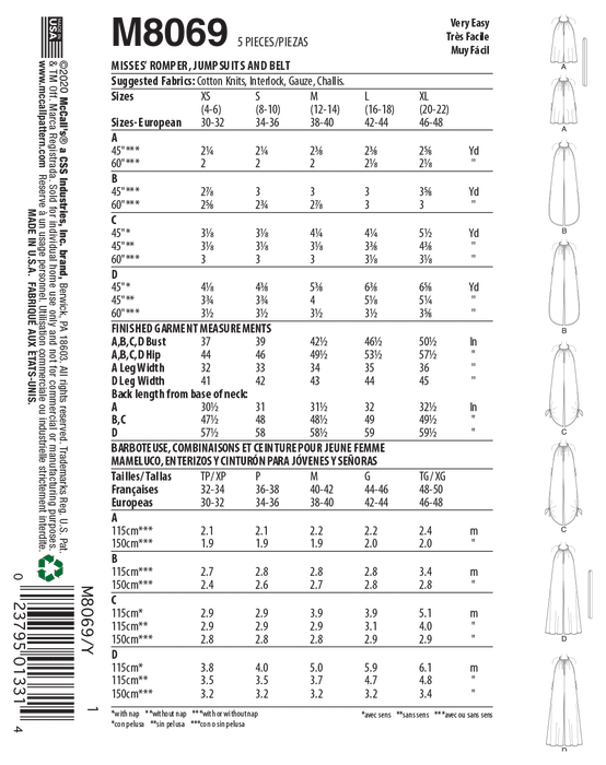 McCall's pattern 8069 Romper, Jumpsuits and Belt from Jaycotts Sewing Supplies