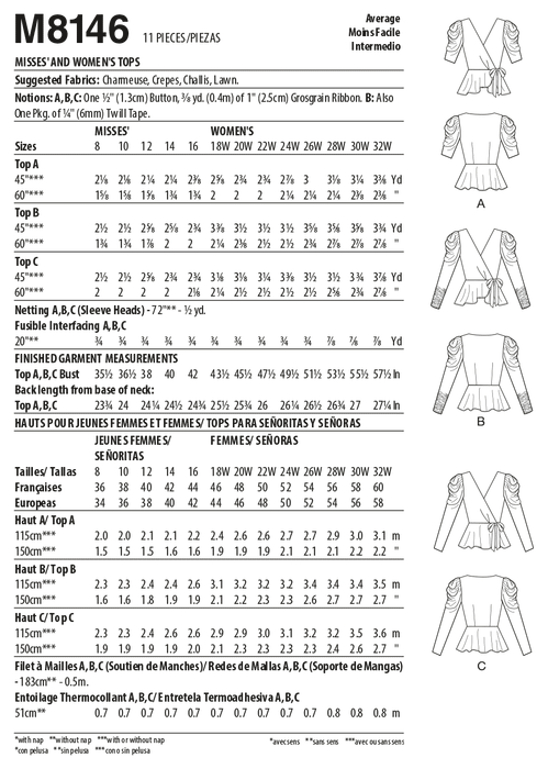 McCalls Sewing Pattern 8146 Misses' and Women's Tops from Jaycotts Sewing Supplies