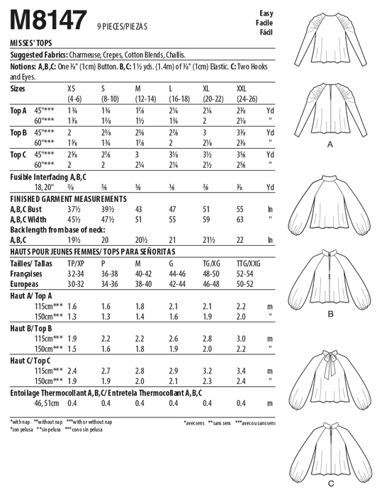 McCalls Sewing Pattern 8147 Misses' Tops from Jaycotts Sewing Supplies