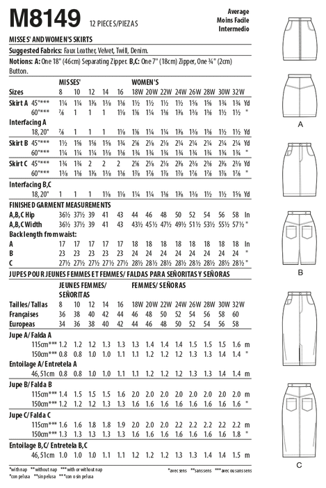 McCalls Sewing Pattern 8149 Misses' and Women's Skirts from Jaycotts Sewing Supplies
