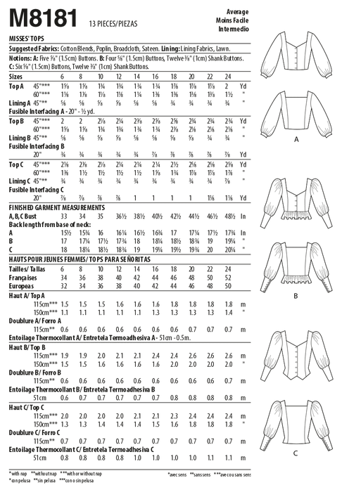 McCalls Sewing Pattern 8181 Misses' Tops from Jaycotts Sewing Supplies