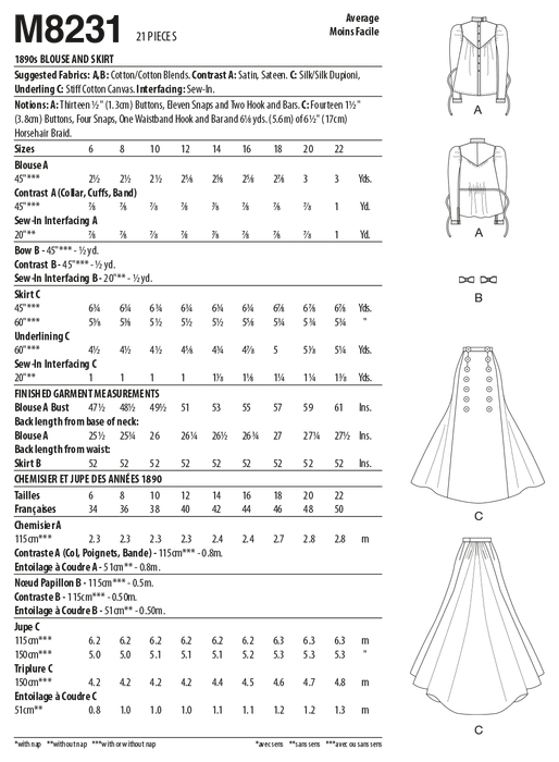 McCall's sewing pattern 8231 1890s Blouse and Skirt from Jaycotts Sewing Supplies