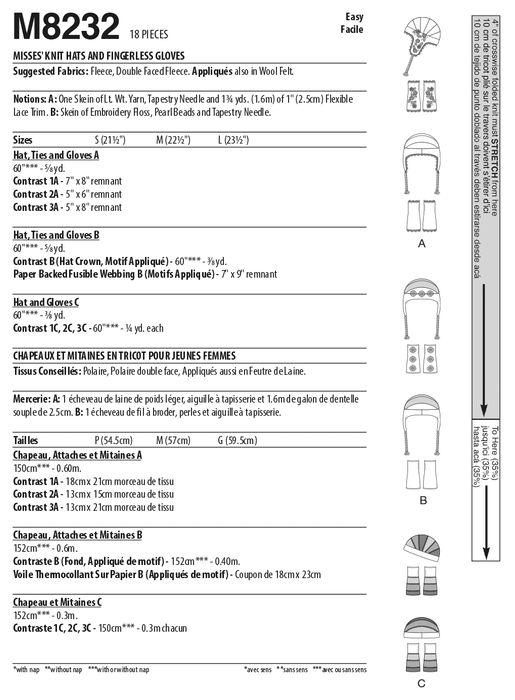McCall's sewing pattern 8232 Misses' Knit Hats and Fingerless Gloves from Jaycotts Sewing Supplies