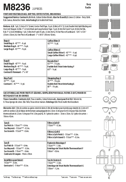 McCall's sewing pattern 8236 Fruit and Veg Bags, Mop Pad, Coffee Filters, Bin and Bag from Jaycotts Sewing Supplies