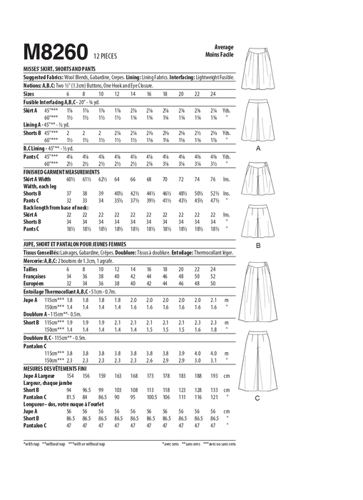 McCall's Sewing Pattern 8260 Misses' Skirt, Shorts and Pants from Jaycotts Sewing Supplies
