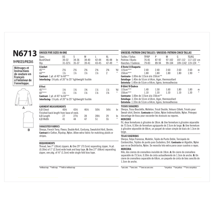 New Look Sewing Pattern 6713 Unisex Zippered Jacket and Vest from Jaycotts Sewing Supplies