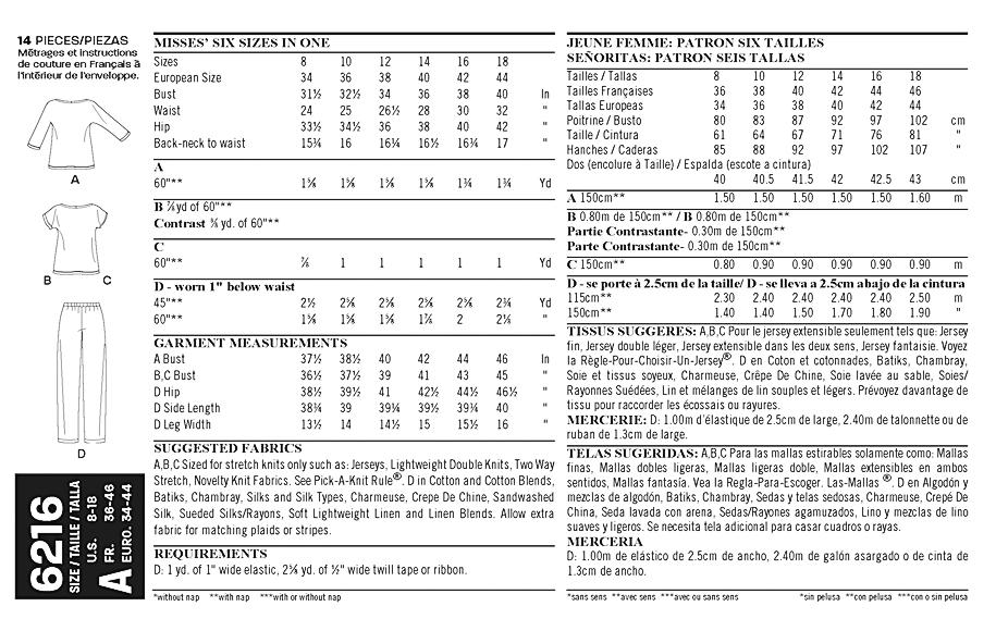 NL6216 Misses' Knit Tops & Pants | Easy from Jaycotts Sewing Supplies